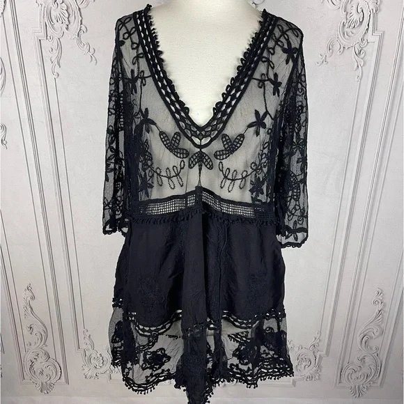 Bohemian Embroidered Floral Lace Sheer Mesh Top Swimsuit Coverup - Picture 5 of 8